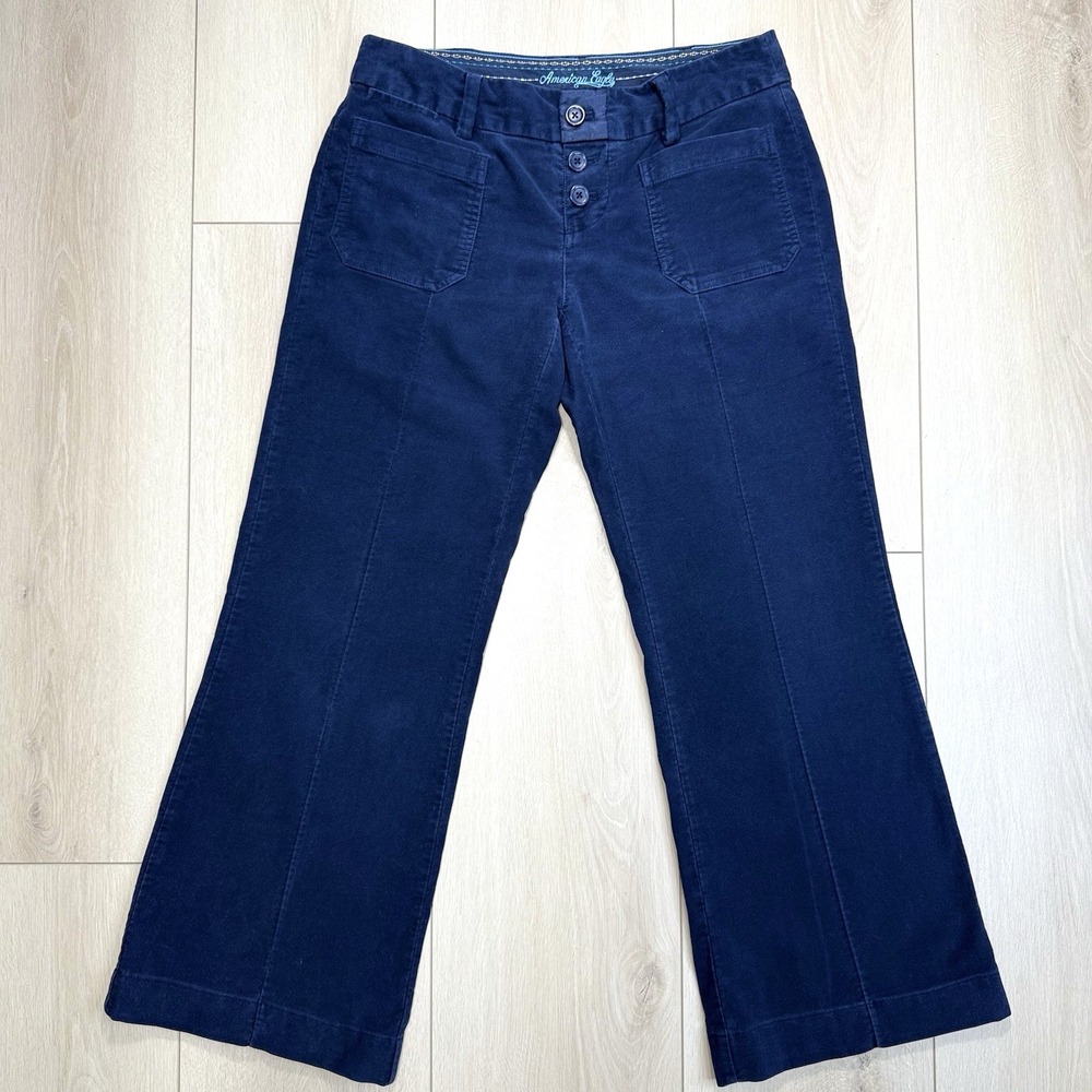 Y2K American Eagle Womens Size 10 Blue Velvet Feel Wide Leg Pants Button Fly